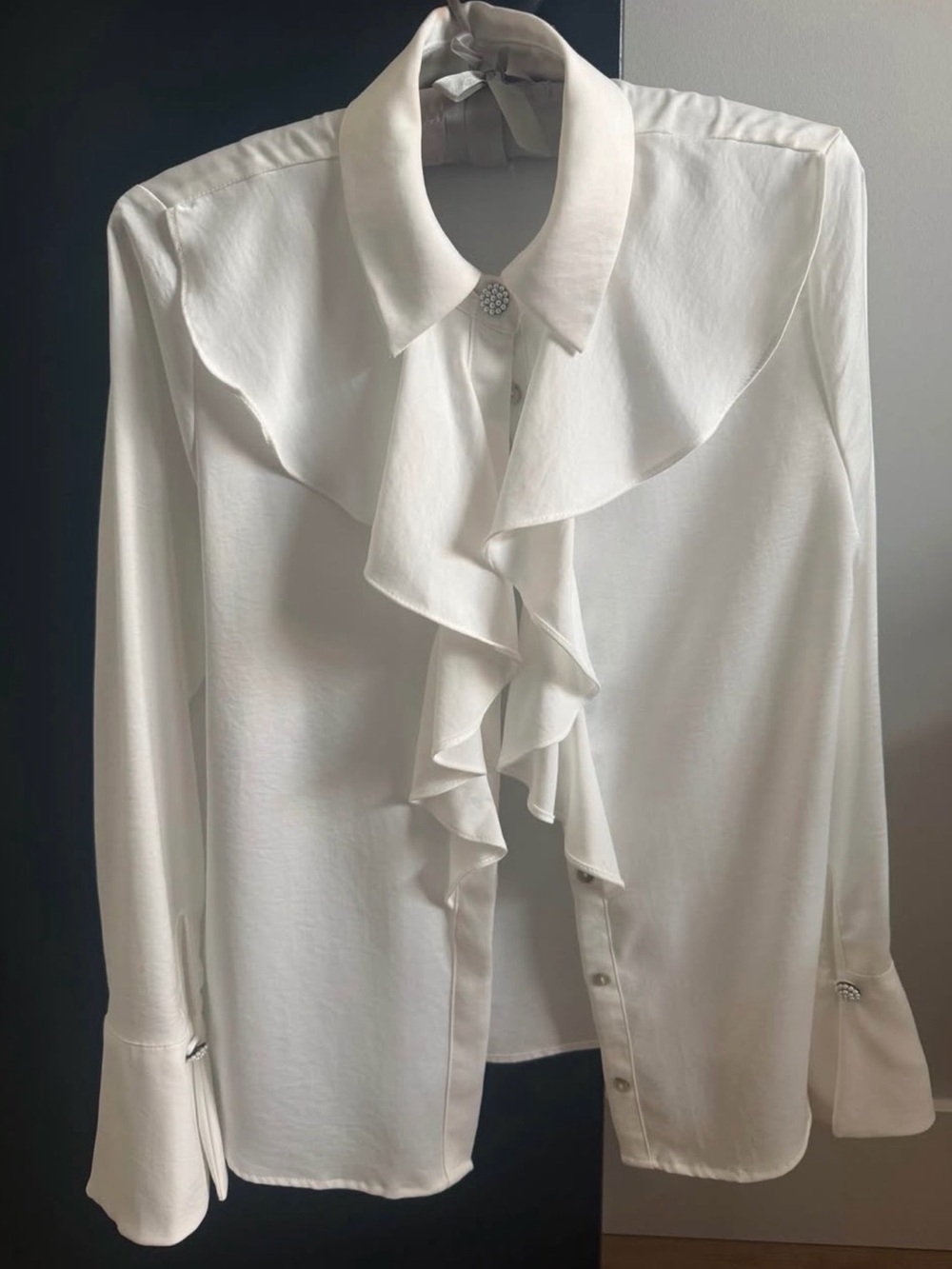 Zara White Ruffle-Front Button Down Blouse